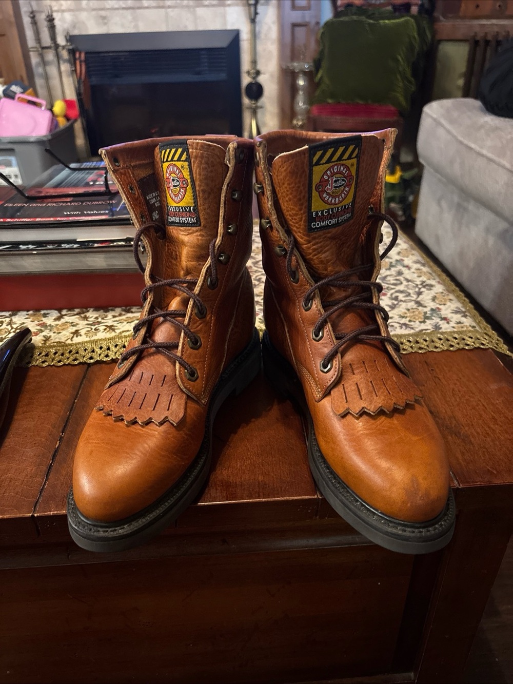 Justin Original Workboots L762 Mens 6.5 C Brown Leather Kiltie Lace Up USA